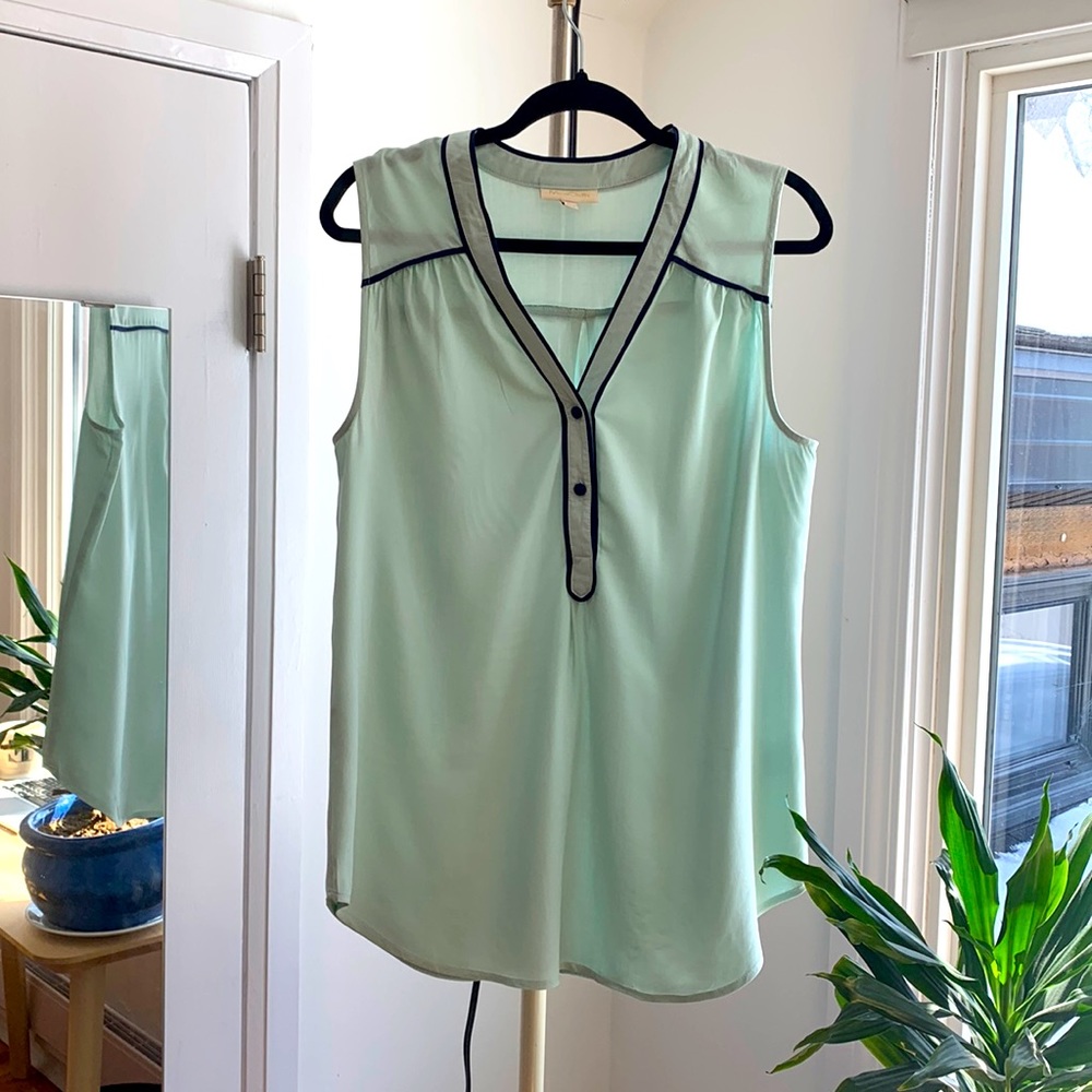 ModCloth mint and navy sleeveless vintage - look blouse.